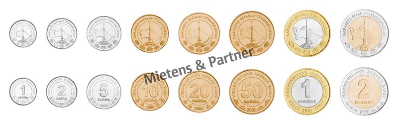 Turkmenistan (Republik) 1, 2, 5, 10, 20, 50 Tenge, 1, 2 Manat (09560)