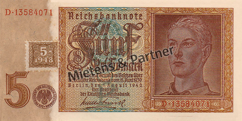 Germany (Democratic Republic) 5 Reichsmark with brown stamp (50740)