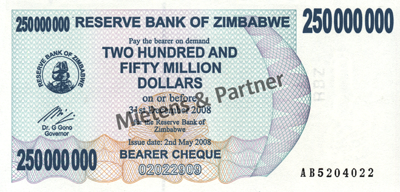 Zimbabwe (Republic) 250 Million Dollars (03817)