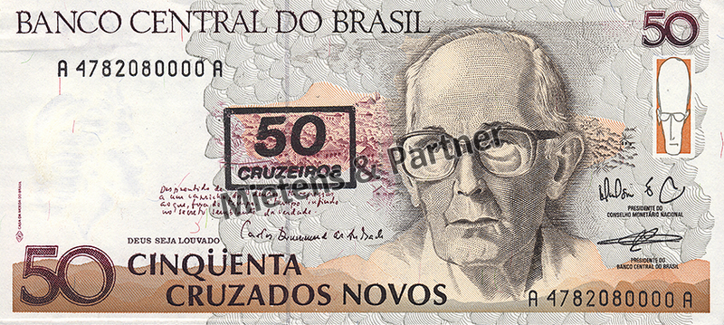 Brazil (Federal Republic) 50 Cruzeiros on 50 Cruzados Novos (04717)