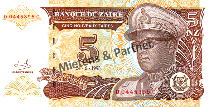 Zaire - Congo (Republic) 5 New Zaires (03466)