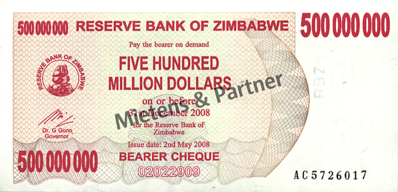 Zimbabwe (Republic) 500 Million Dollars (03808)